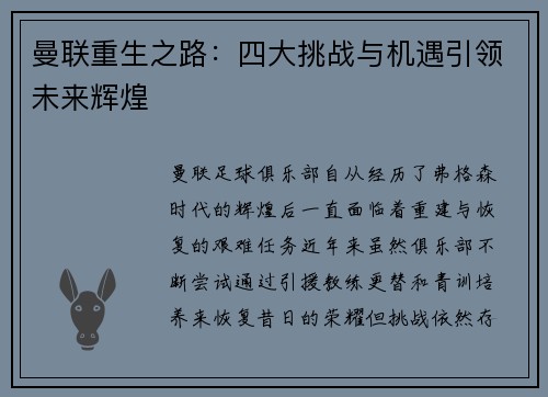 曼联重生之路：四大挑战与机遇引领未来辉煌