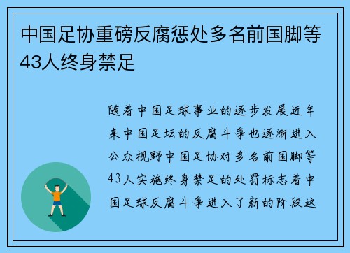 中国足协重磅反腐惩处多名前国脚等43人终身禁足 中国足协重磅反腐惩处多名前国脚等43人终身禁足