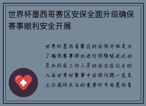 世界杯墨西哥赛区安保全面升级确保赛事顺利安全开展